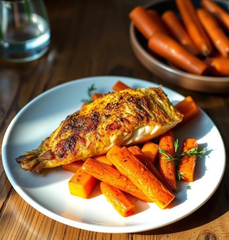 bacalhau com batata-doce e cenoura ao forno