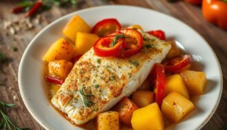 bacalhau com batatas ao forno e pimentões