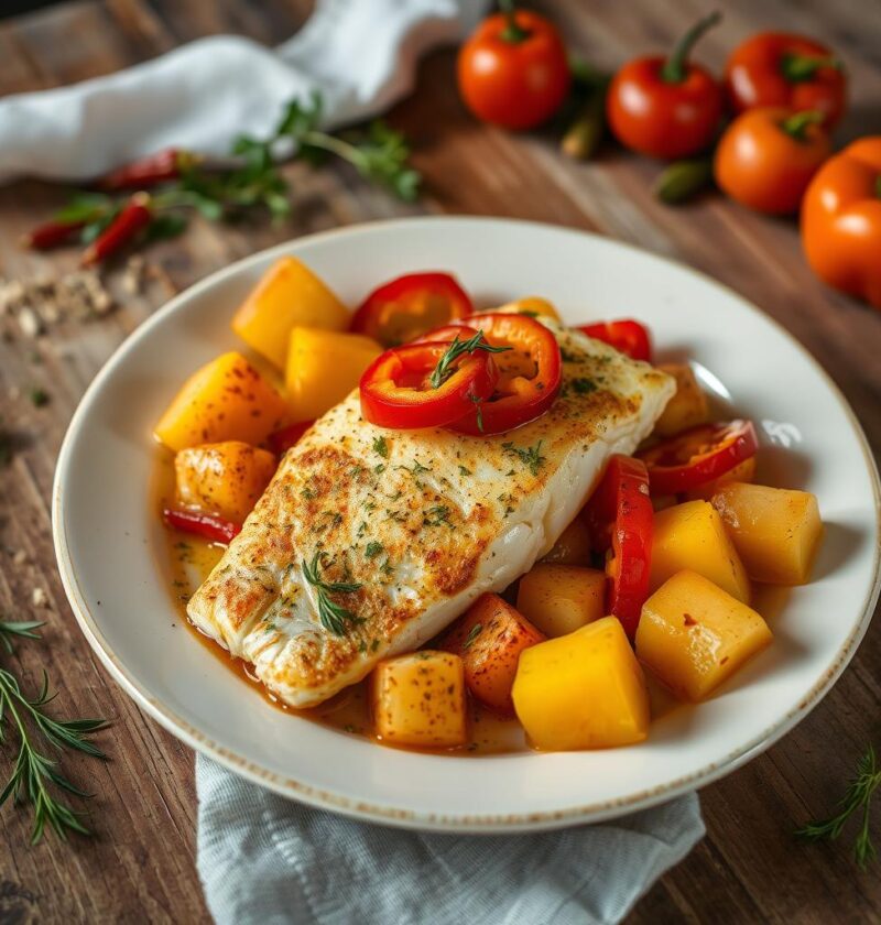 bacalhau com batatas ao forno e pimentões