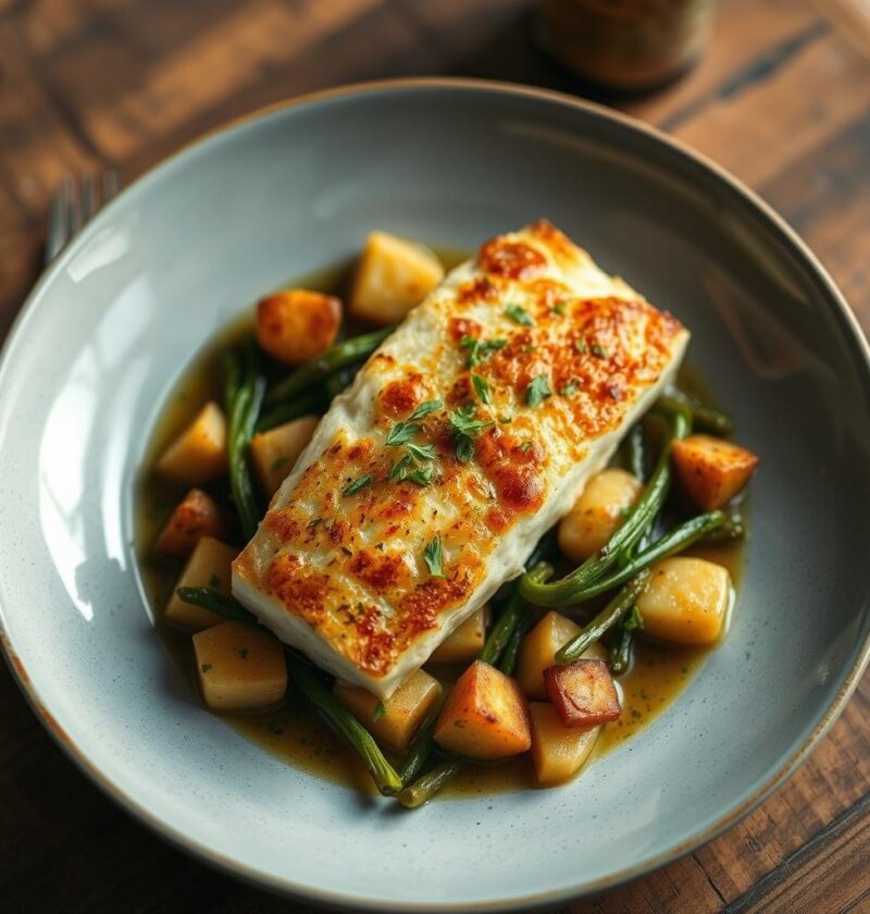 bacalhau com batatas douradas e alho-poró