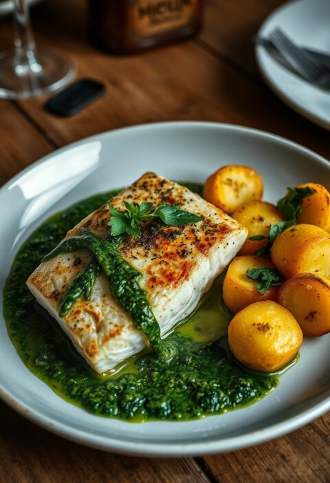 bacalhau com batatas e molho de espinafre