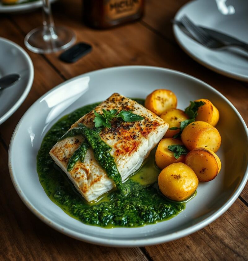 bacalhau com batatas e molho de espinafre