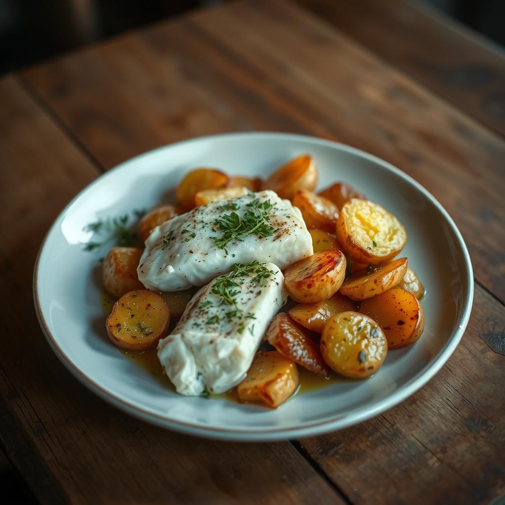 bacalhau com batatas rústicas e alho confitado