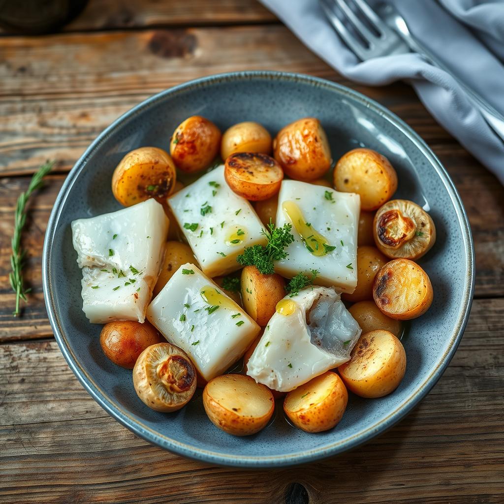 bacalhau com batatas rústicas e alho confitado