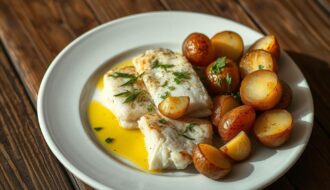 bacalhau com batatas rústicas e alho confitado