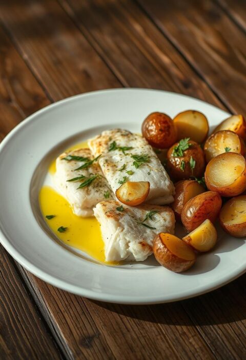 bacalhau com batatas rústicas e alho confitado