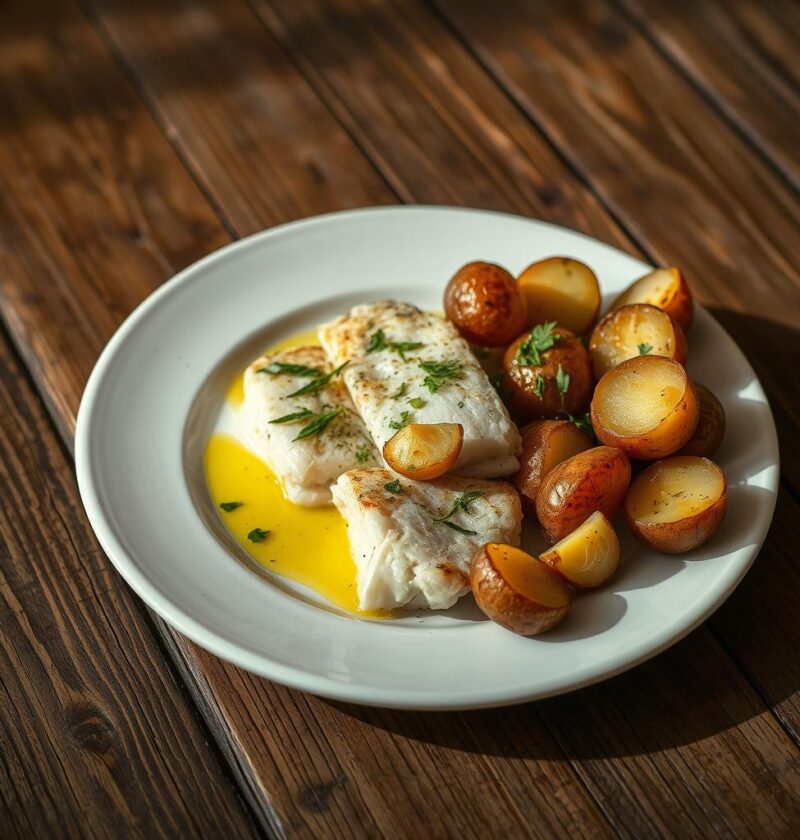 bacalhau com batatas rústicas e alho confitado