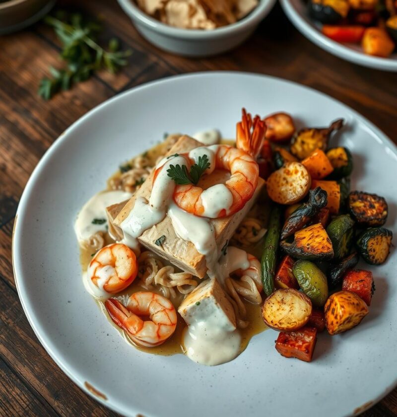 bacalhau com camarão e molho branco