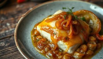 bacalhau com cebola caramelizada e queijo gratinado