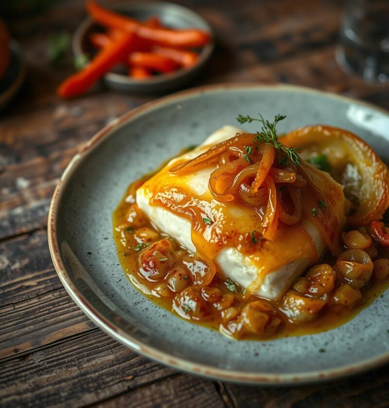 bacalhau com cebola caramelizada e queijo gratinado