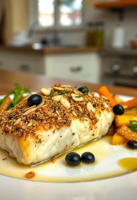 bacalhau com crosta de azeitonas e amêndoas