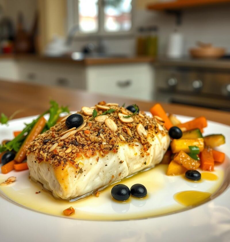 bacalhau com crosta de azeitonas e amêndoas