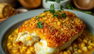 bacalhau com crosta de broa de milho e alho