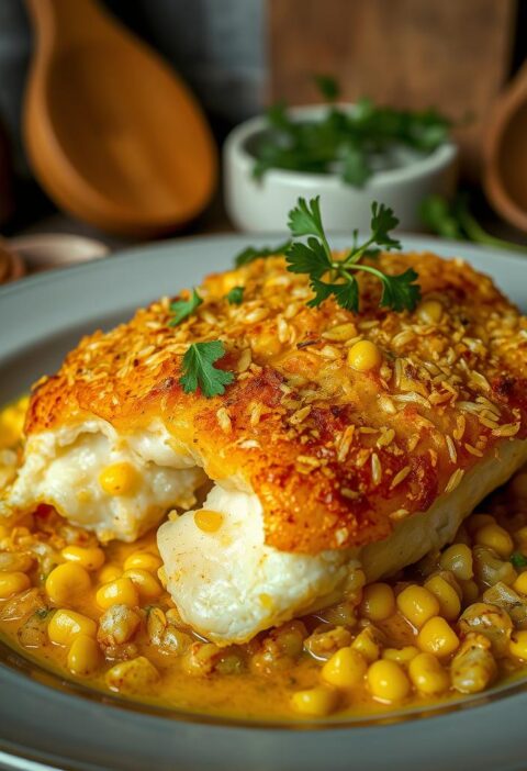 bacalhau com crosta de broa de milho e alho