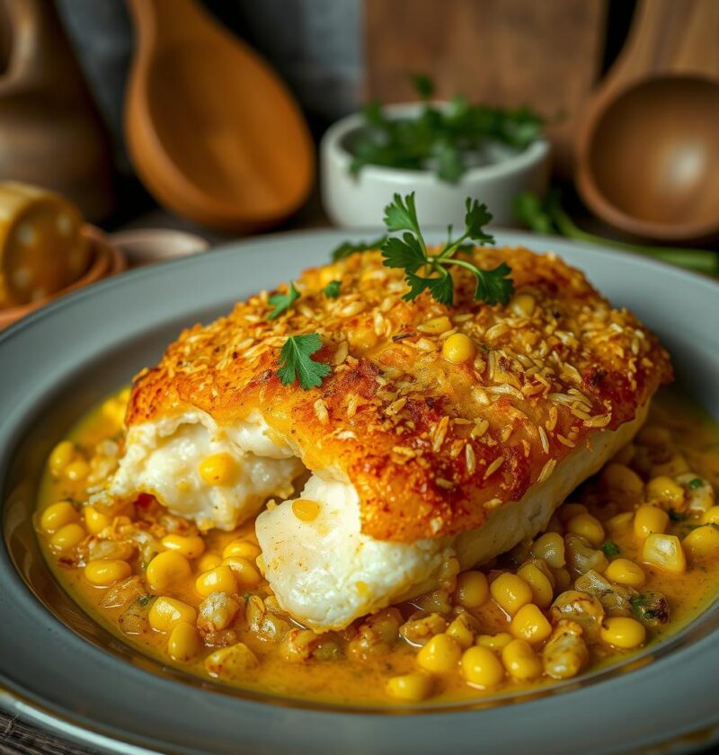 bacalhau com crosta de broa de milho e alho