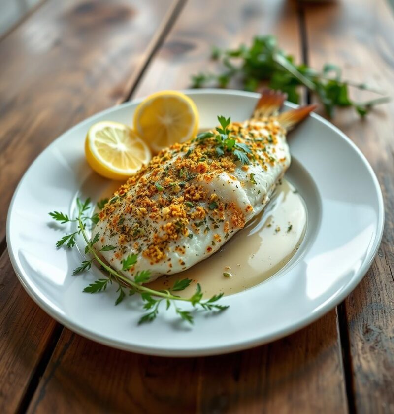 bacalhau com crosta de ervas e limão siciliano