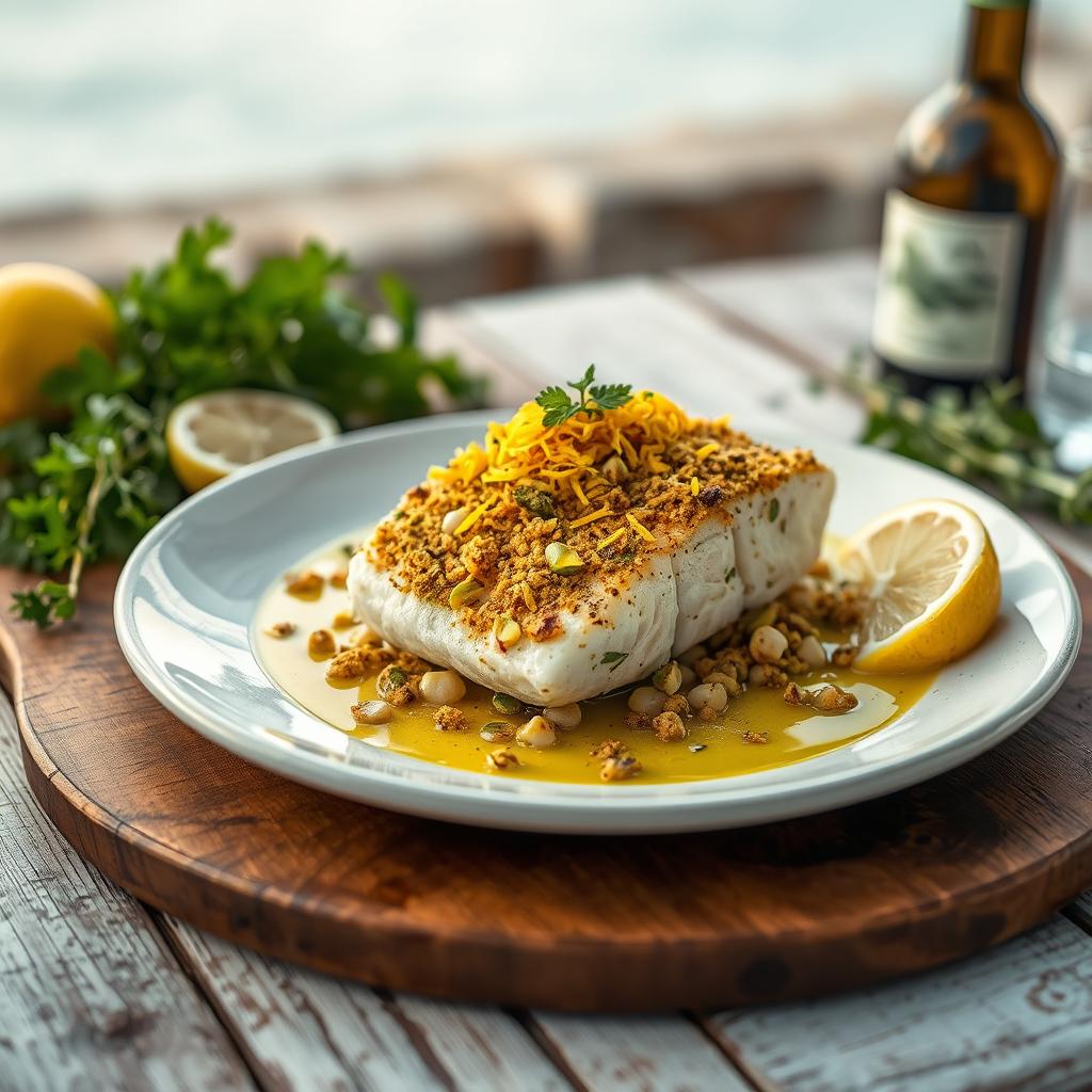 bacalhau com crosta de pistache e limão siciliano