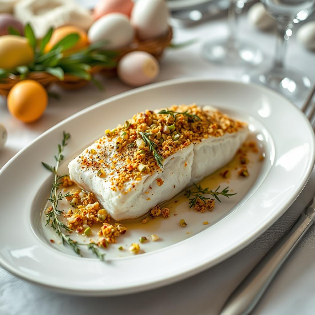 bacalhau com crosta de pistache e limão siciliano