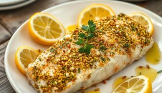 bacalhau com crosta de pistache e limão siciliano