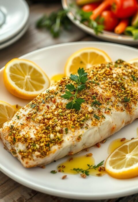 bacalhau com crosta de pistache e limão siciliano