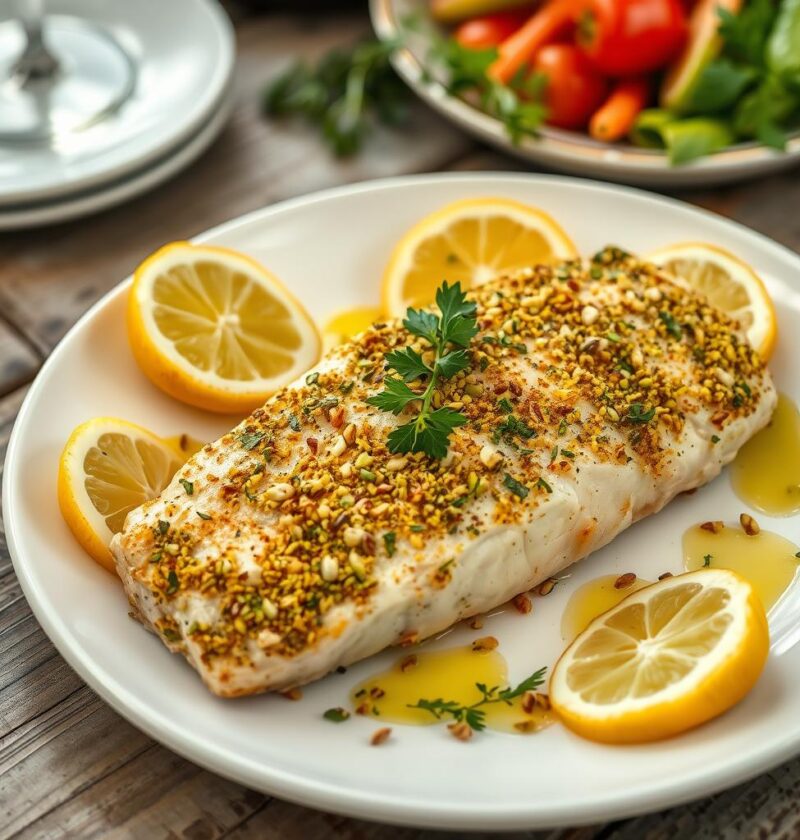 bacalhau com crosta de pistache e limão siciliano