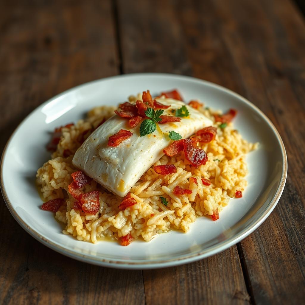 bacalhau com farofa crocante de cebola e bacon