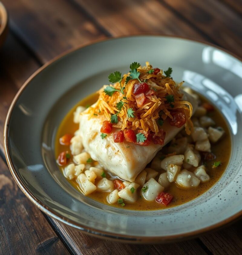 bacalhau com farofa crocante de cebola e bacon