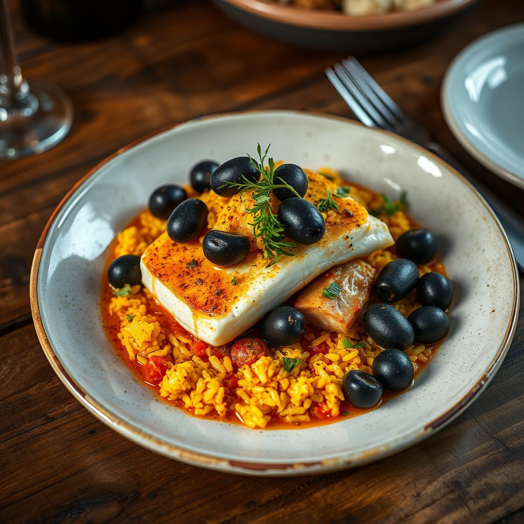 bacalhau com farofa de alho e azeitonas