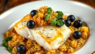 bacalhau com farofa de alho e azeitonas