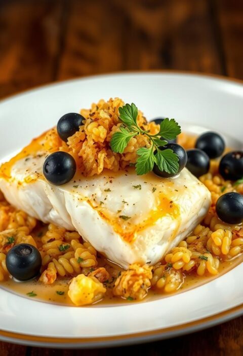 bacalhau com farofa de alho e azeitonas