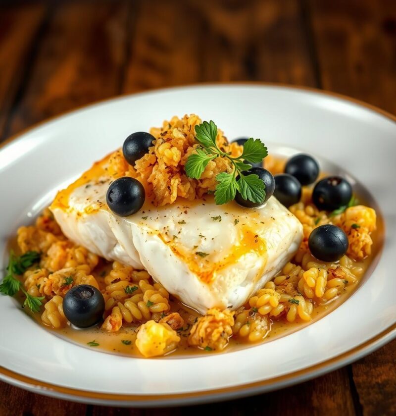 bacalhau com farofa de alho e azeitonas