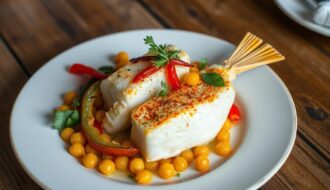 bacalhau com grão-de-bico e pimentões grelhados