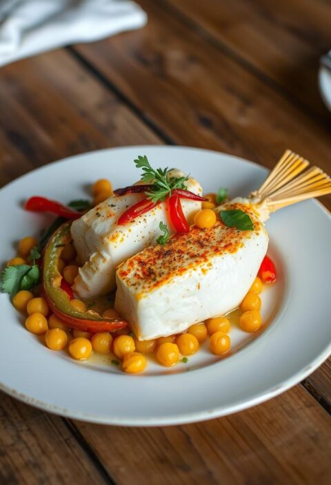 bacalhau com grão-de-bico e pimentões grelhados