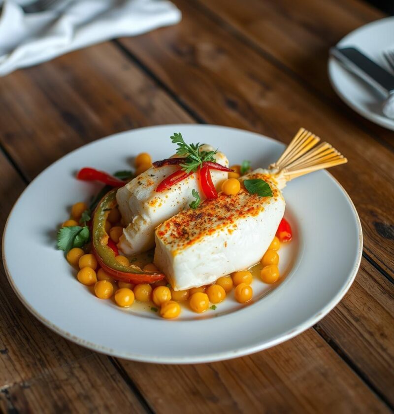 bacalhau com grão-de-bico e pimentões grelhados