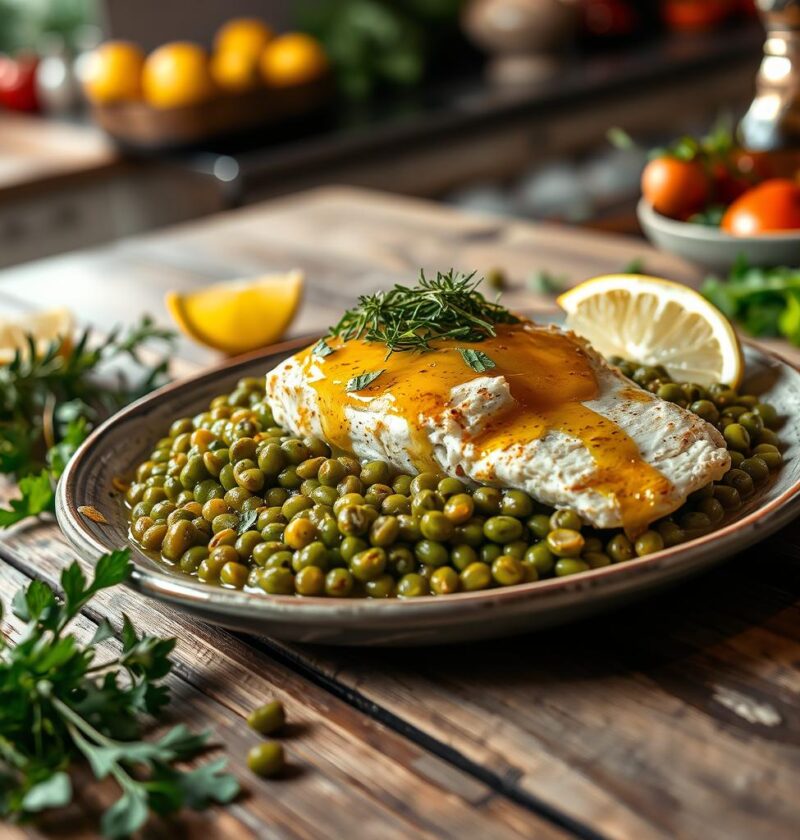 bacalhau com lentilhas e azeite de oliva