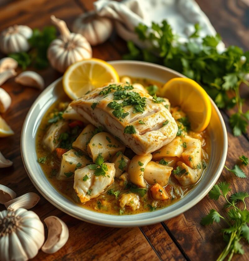 bacalhau com molho de alho e coentro