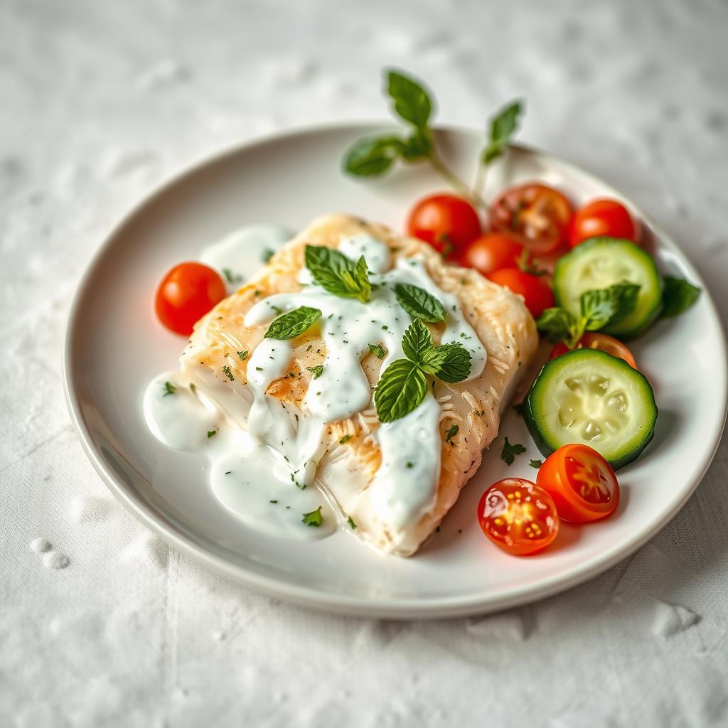 bacalhau com molho de iogurte e hortelã