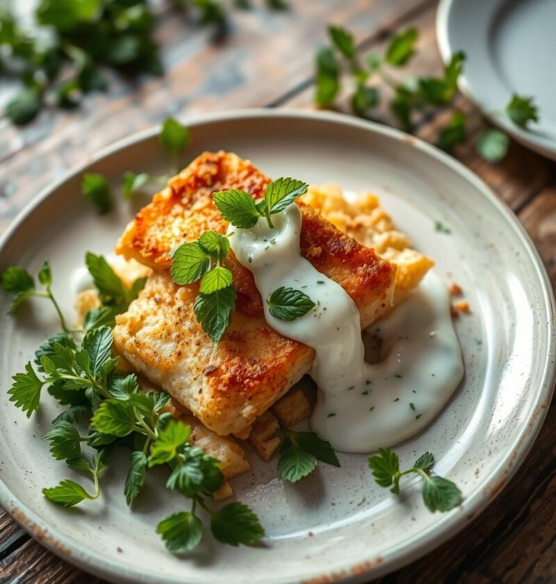 bacalhau com molho de iogurte e hortelã