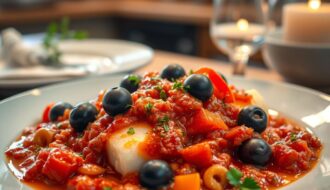 bacalhau com molho de pimentão e azeitonas pretas