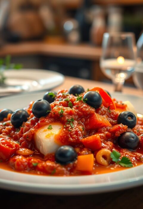 bacalhau com molho de pimentão e azeitonas pretas