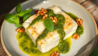 bacalhau com pesto de manjericão e nozes