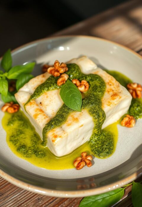 bacalhau com pesto de manjericão e nozes