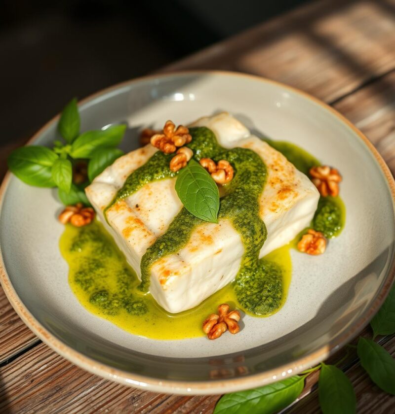 bacalhau com pesto de manjericão e nozes