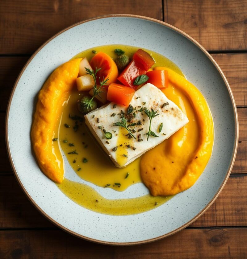 bacalhau com purê de abóbora e azeite de ervas