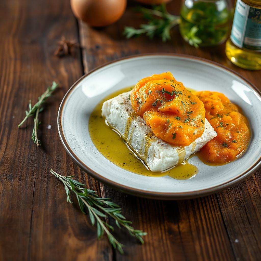 bacalhau com purê de abóbora