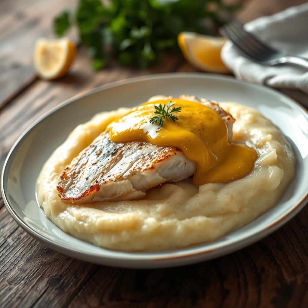 bacalhau com purê de batata e molho de mostarda