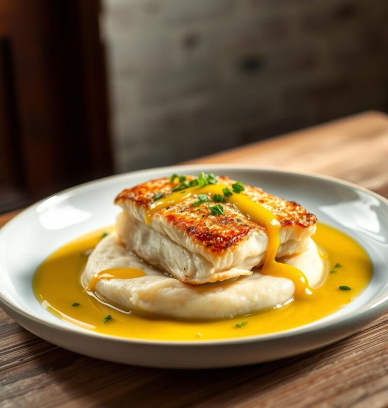 bacalhau com purê de batata e molho de mostarda