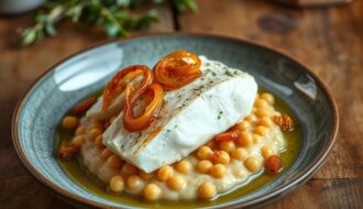 bacalhau com purê de grão-de-bico e cebola caramelizada