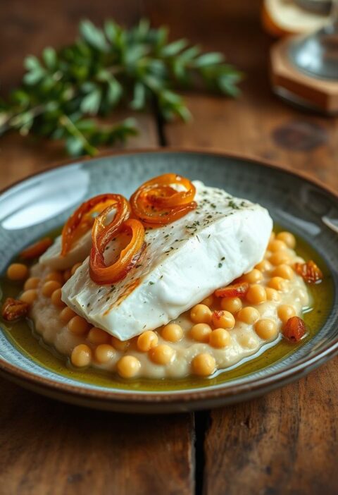 bacalhau com purê de grão-de-bico e cebola caramelizada