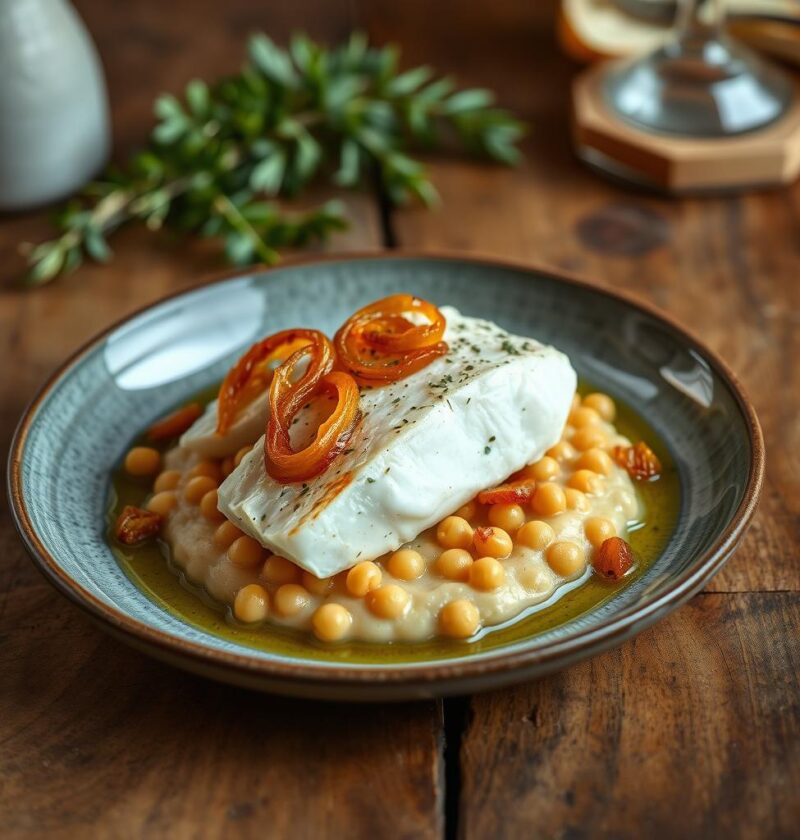 bacalhau com purê de grão-de-bico e cebola caramelizada